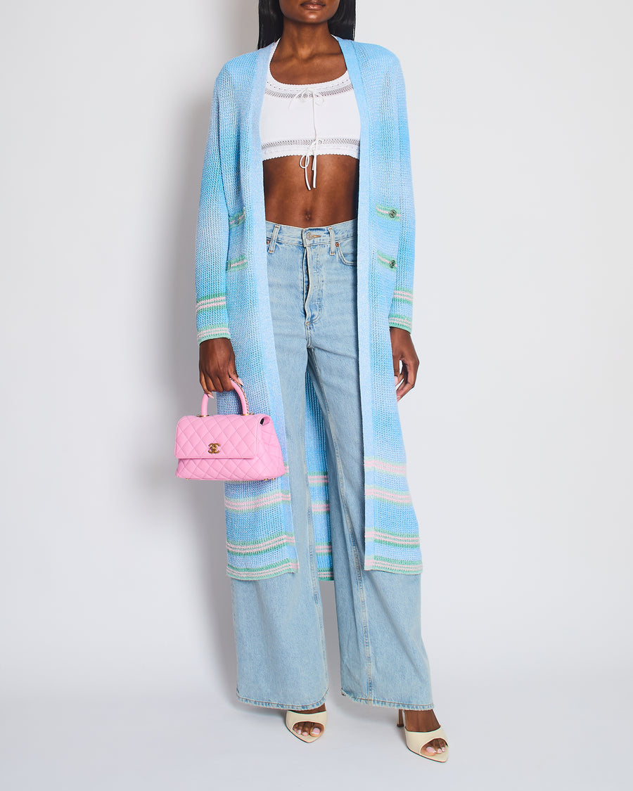 Chanel 23S Blue Knitted Long-Line Striped Cardigan with CC Button Detail Size Fr 34 (UK 6)