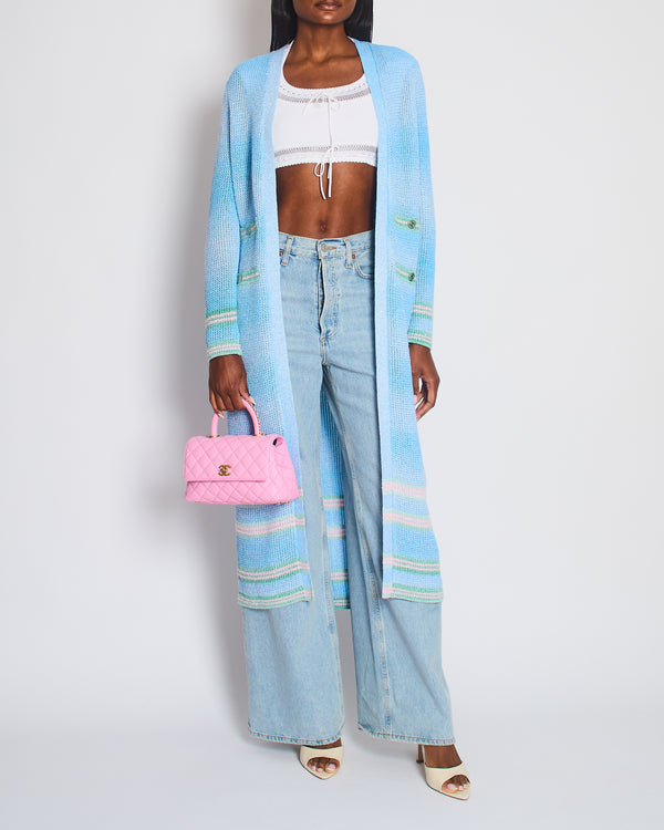 Chanel 23S Blue Knitted Long-Line Striped Cardigan with CC Button Detail Size Fr 34 (UK 6)
