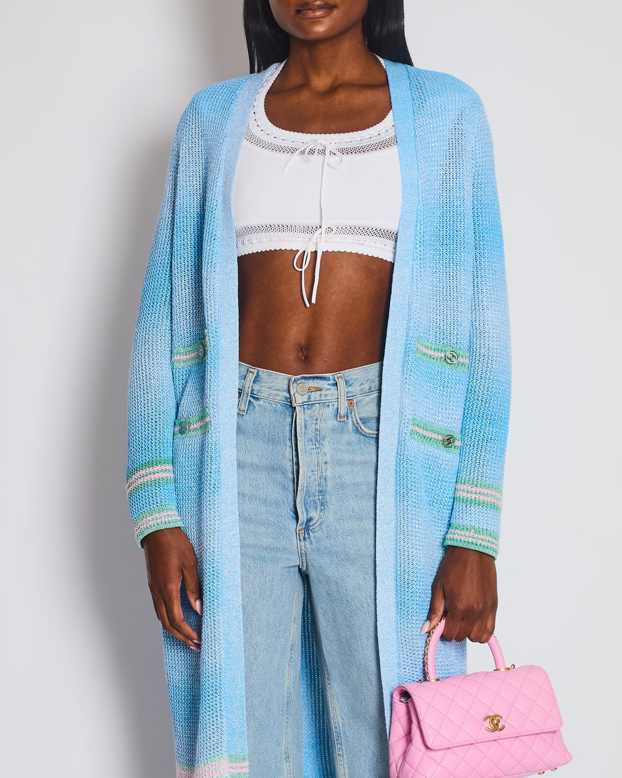 Chanel 23S Blue Knitted Long-Line Striped Cardigan with CC Button Detail Size Fr 34 (UK 6)