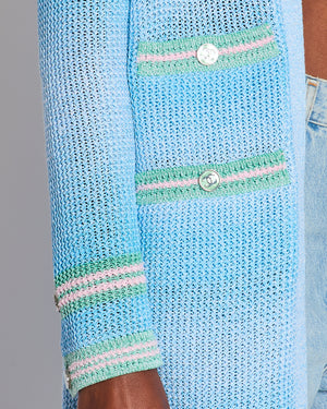 Chanel 23S Blue Knitted Long-Line Striped Cardigan with CC Button Detail Size Fr 34 (UK 6)