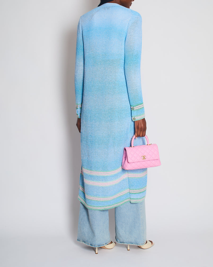 Chanel 23S Blue Knitted Long-Line Striped Cardigan with CC Button Detail Size Fr 34 (UK 6)