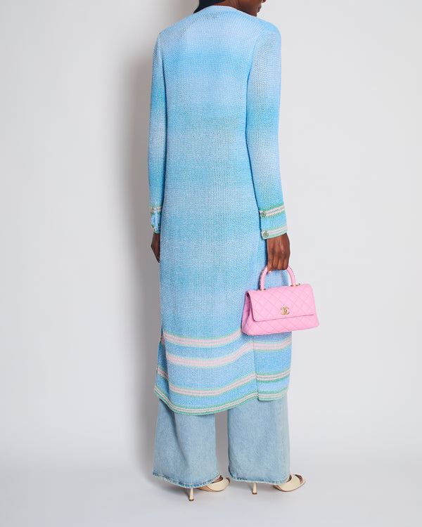 Chanel 23S Blue Knitted Long-Line Striped Cardigan with CC Button Detail Size Fr 34 (UK 6)