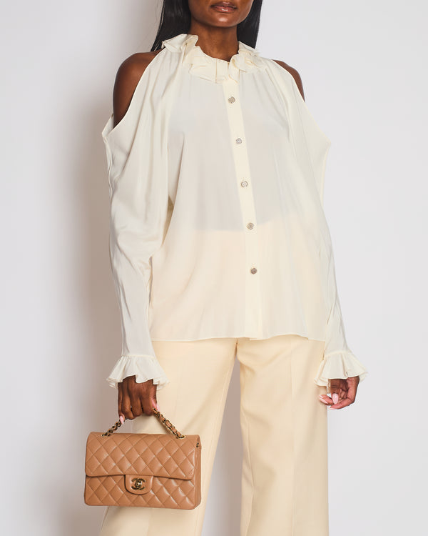 Chanel Cream Button Down Blouse with Cut Out Shoulder Detail Size FR 38 (UK 10)