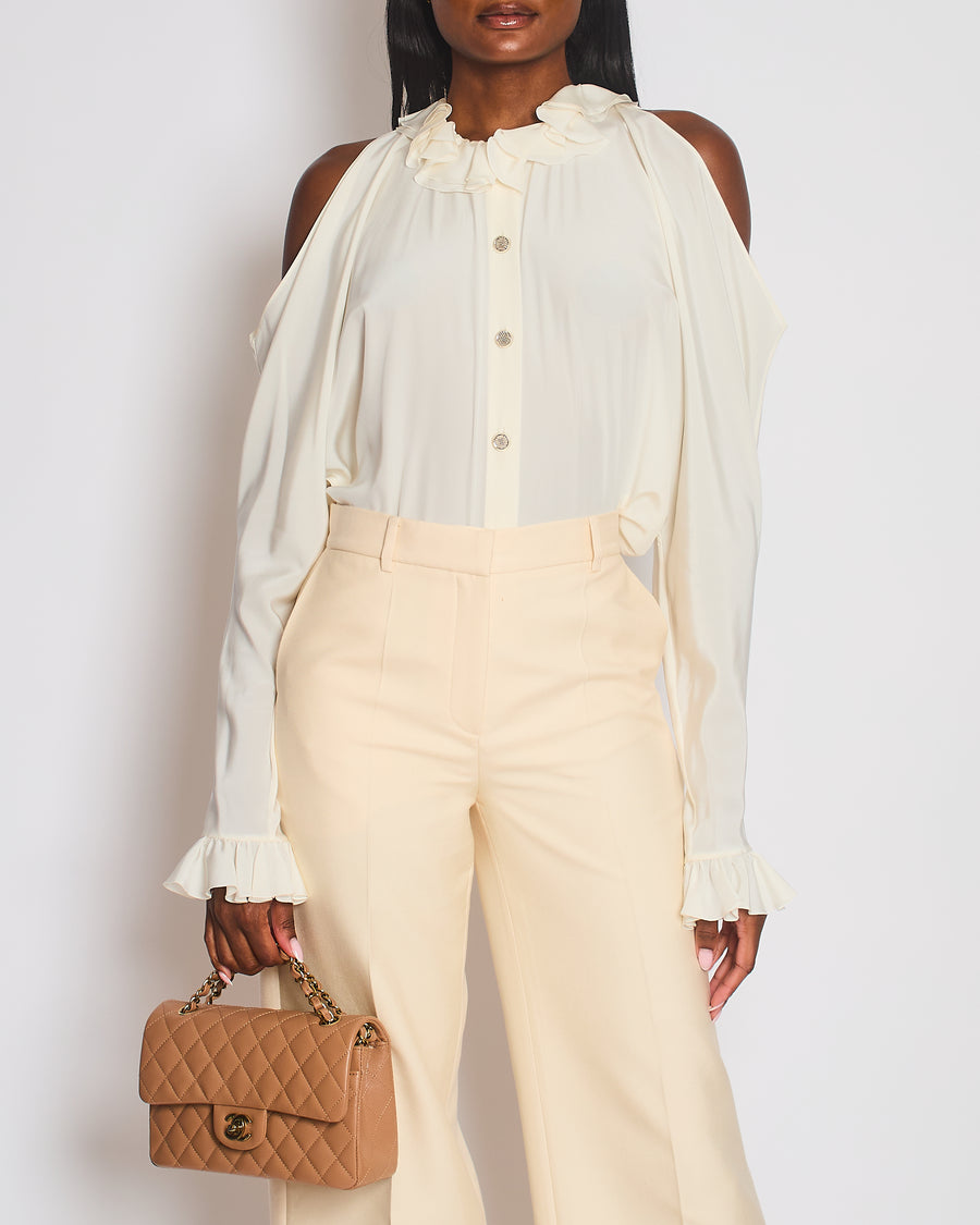 Chanel Cream Button Down Blouse with Cut Out Shoulder Detail Size FR 38 (UK 10)