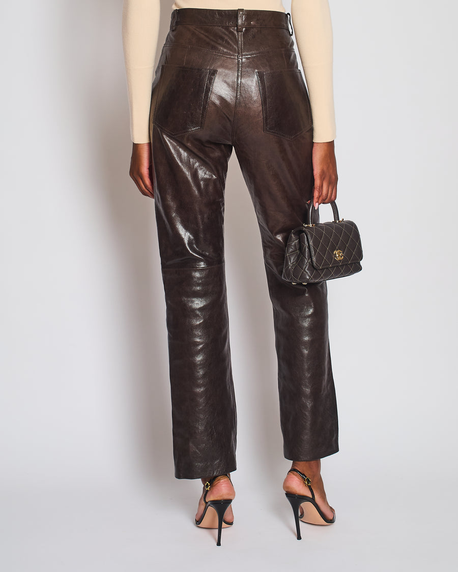 The Mannei Brown High-Rise Leather Trouser Size FR 38 (UK 10)