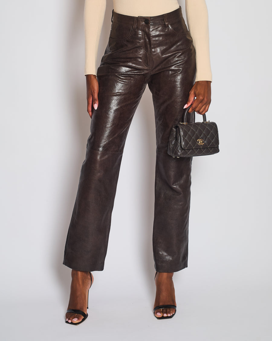 The Mannei Brown High-Rise Leather Trouser Size FR 38 (UK 10)