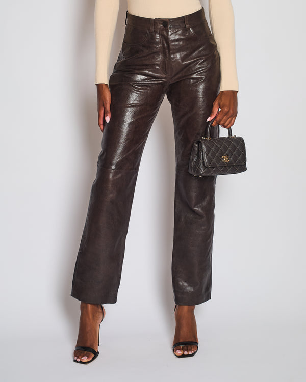 The Mannei Brown High-Rise Leather Trouser Size FR 38 (UK 10)
