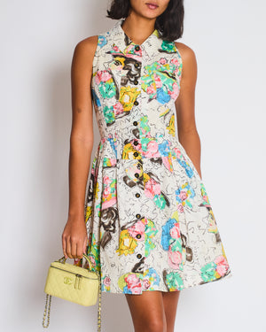 Chanel Spring 1995 White Floral Printed Sleeveless Button-Down Mini Dress with CC Logo Buttons and Collared Neckline Detail Size FR 38 (UK 10)