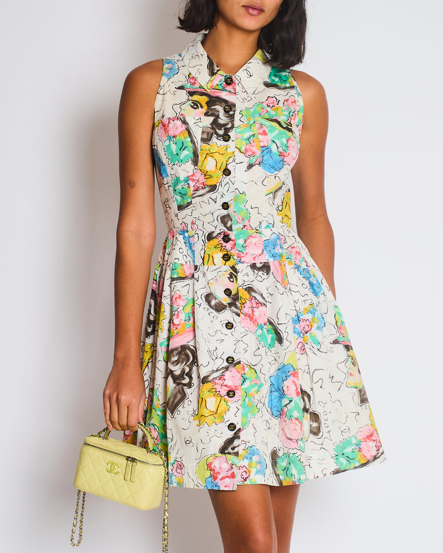 Chanel Spring 1995 White Floral Printed Sleeveless Button-Down Mini Dress with CC Logo Buttons and Collared Neckline Detail Size FR 38 (UK 10)