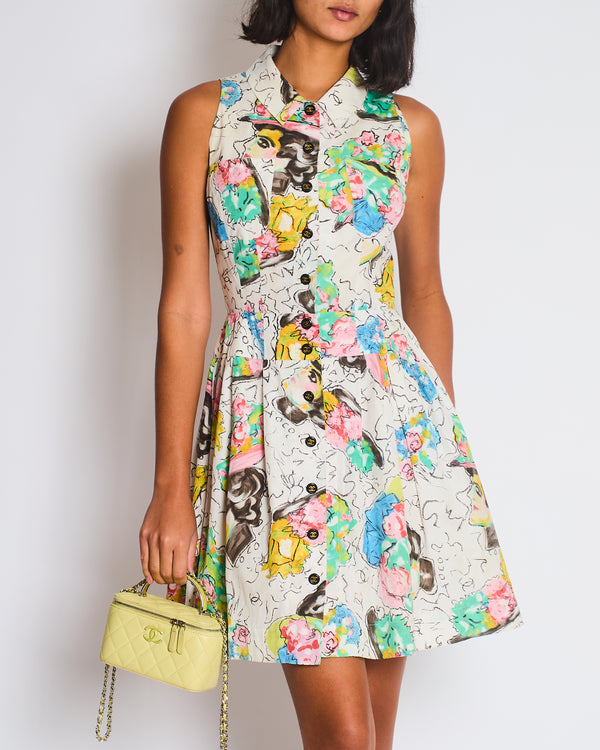 Chanel Spring 1995 White Floral Printed Sleeveless Button-Down Mini Dress with CC Logo Buttons and Collared Neckline Detail Size FR 38 (UK 10)