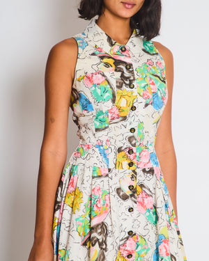 Chanel Spring 1995 White Floral Printed Sleeveless Button-Down Mini Dress with CC Logo Buttons and Collared Neckline Detail Size FR 38 (UK 10)