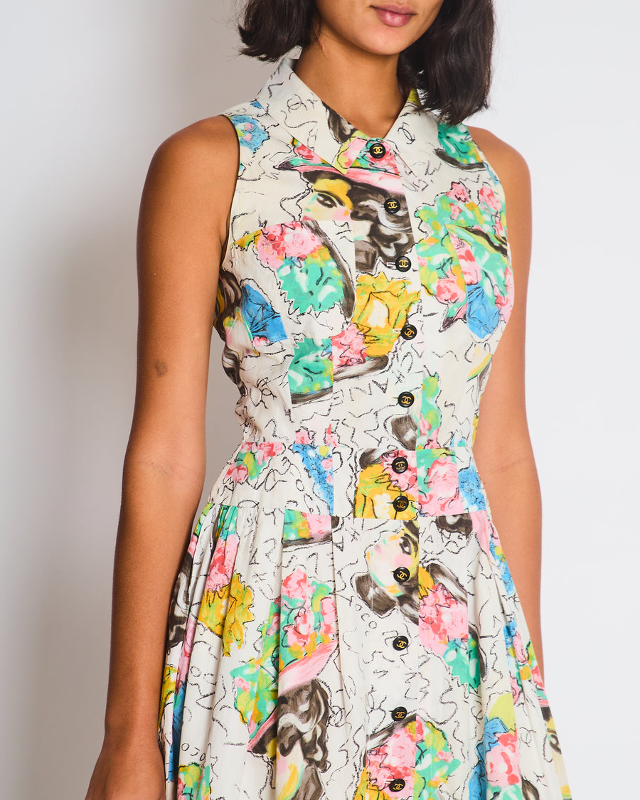 Chanel Spring 1995 White Floral Printed Sleeveless Button-Down Mini Dress with CC Logo Buttons and Collared Neckline Detail Size FR 38 (UK 10)