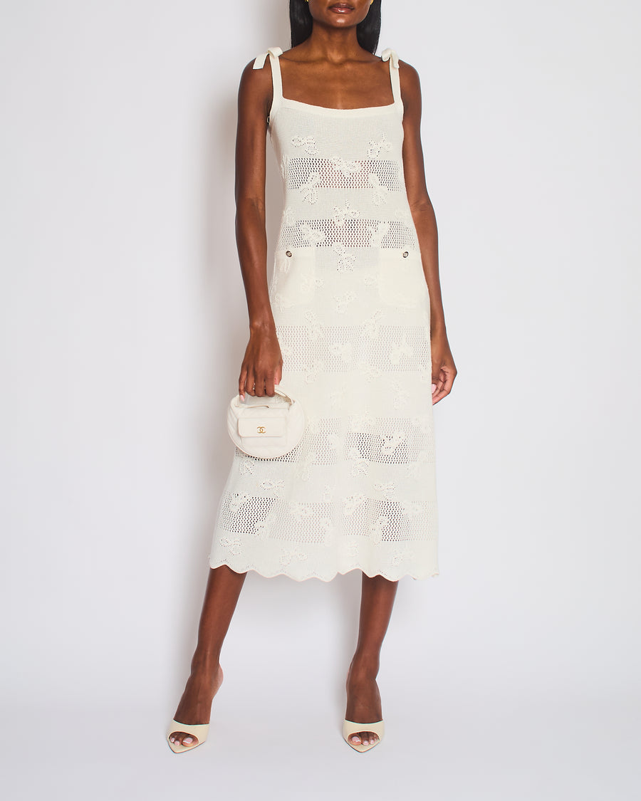 Chanel 24S White Knitted Strap Midi Dress with Bow and CC Detail Size FR 38 (UK 10)