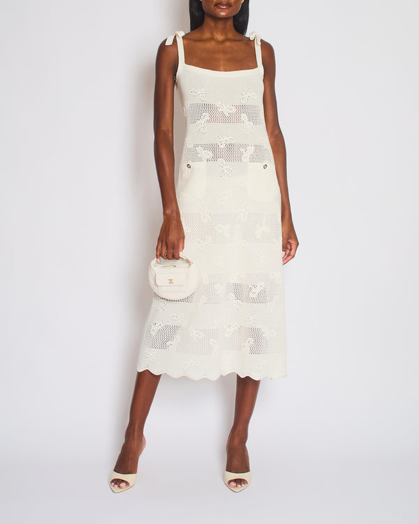 Chanel 24S White Knitted Strap Midi Dress with Bow and CC Detail Size FR 38 (UK 10)