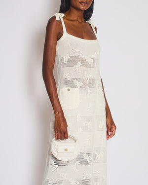 Chanel 24S White Knitted Strap Midi Dress with Bow and CC Detail Size FR 38 (UK 10)