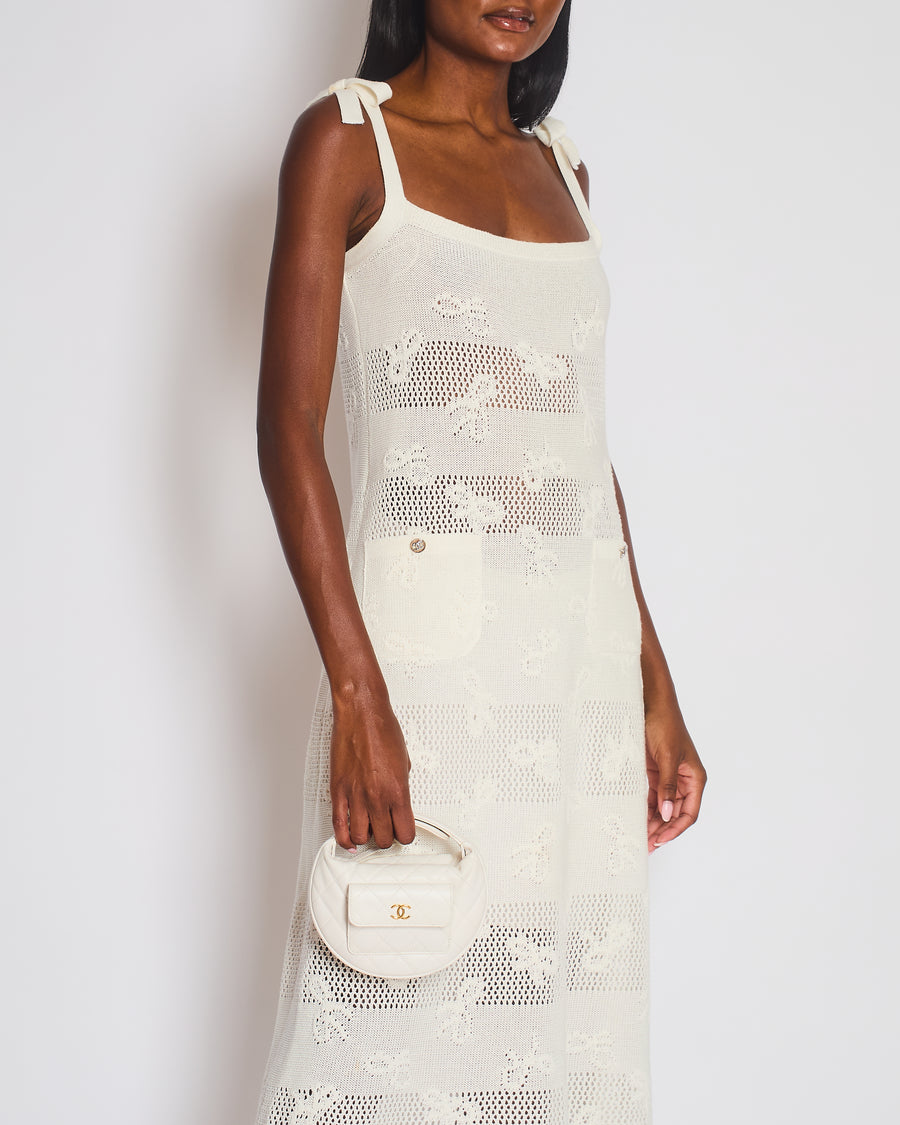 Chanel 24S White Knitted Strap Midi Dress with Bow and CC Detail Size FR 38 (UK 10)