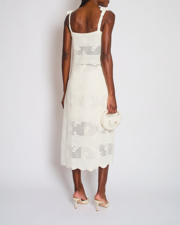 Chanel 24S White Knitted Strap Midi Dress with Bow and CC Detail Size FR 38 (UK 10)
