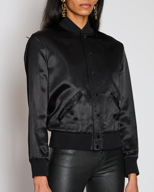 Saint Laurent Black Satin Bomber Jacket with Multicolour Glitter and Leather Shark Detail and "Sweet Dreams" Embroidery Size FR 36 (UK 8)