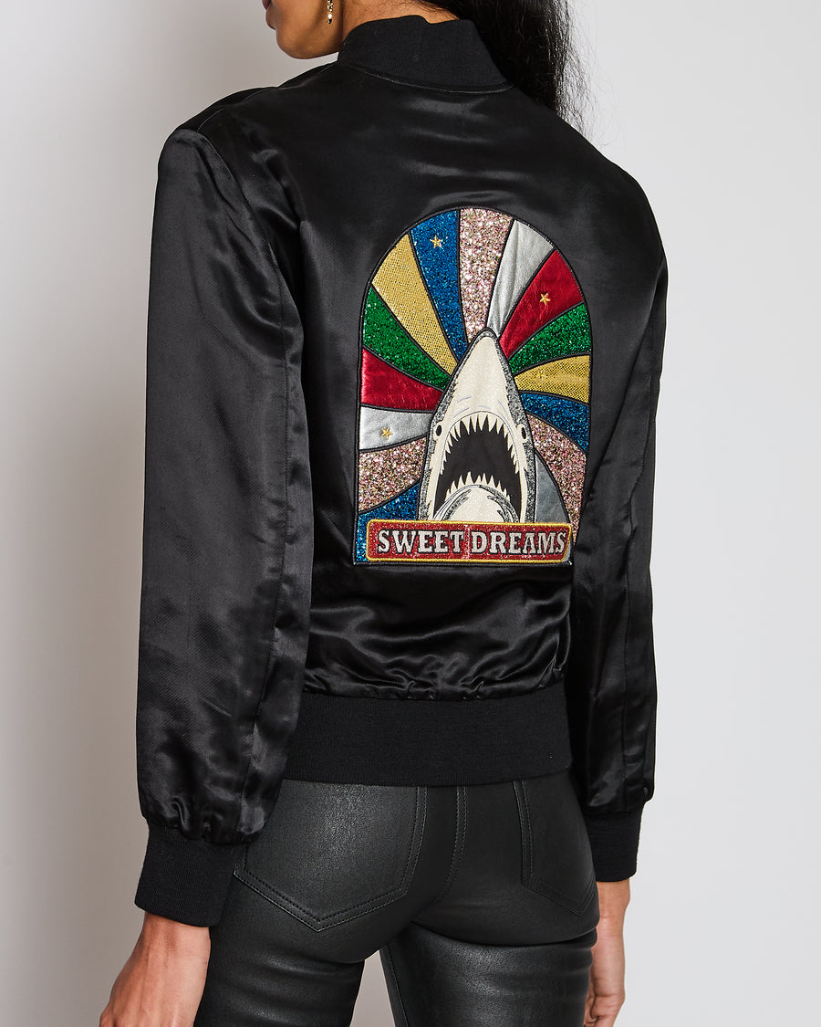 Saint Laurent Black Satin Bomber Jacket with Multicolour Glitter and Leather Shark Detail and "Sweet Dreams" Embroidery Size FR 36 (UK 8)