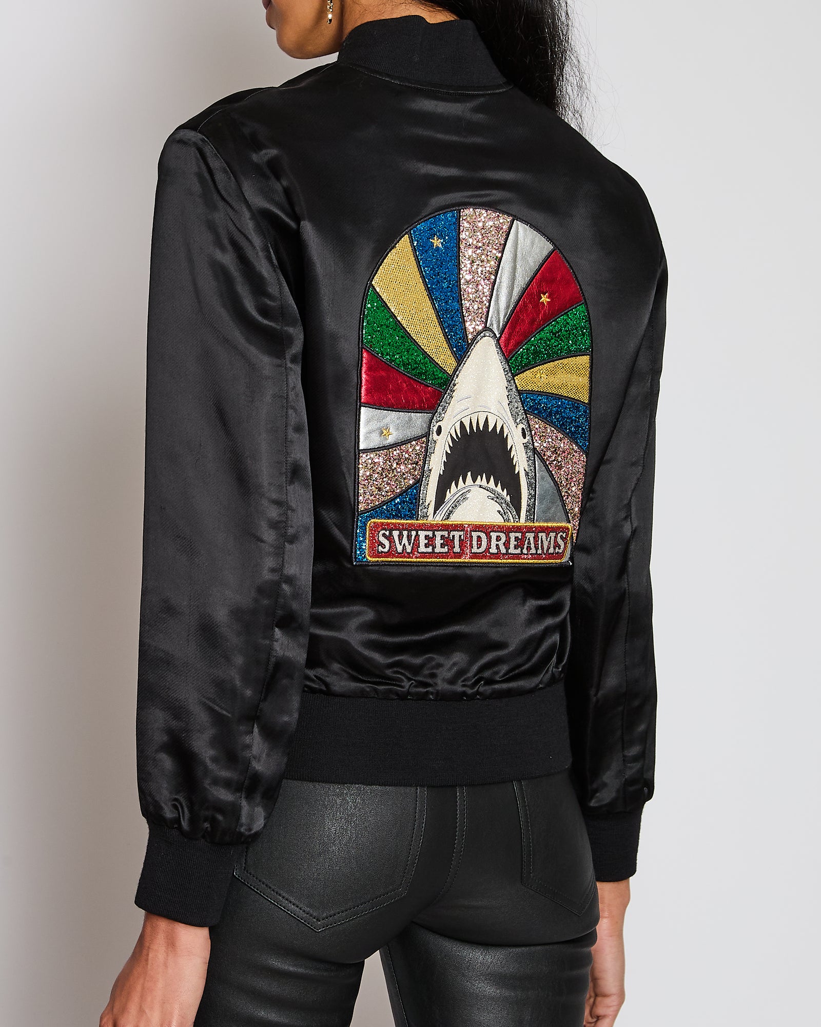 Saint Laurent Black Satin Bomber Jacket with Multicolour Glitter