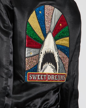Saint Laurent Black Satin Bomber Jacket with Multicolour Glitter and Leather Shark Detail and "Sweet Dreams" Embroidery Size FR 36 (UK 8)