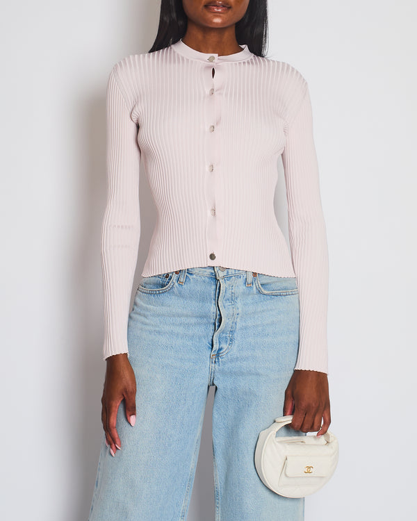 Hermès Light Pink Rib Knit Long Sleeve Crewneck Cardigan with Silver Buttons & Crotchet Back Detail Size FR 36 (UK 8)