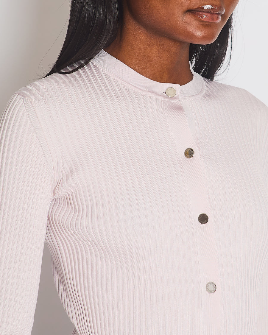 Hermès Light Pink Rib Knit Long Sleeve Crewneck Cardigan with Silver Buttons & Crotchet Back Detail Size FR 36 (UK 8)