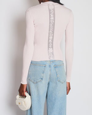 Hermès Light Pink Rib Knit Long Sleeve Crewneck Cardigan with Silver Buttons & Crotchet Back Detail Size FR 36 (UK 8)