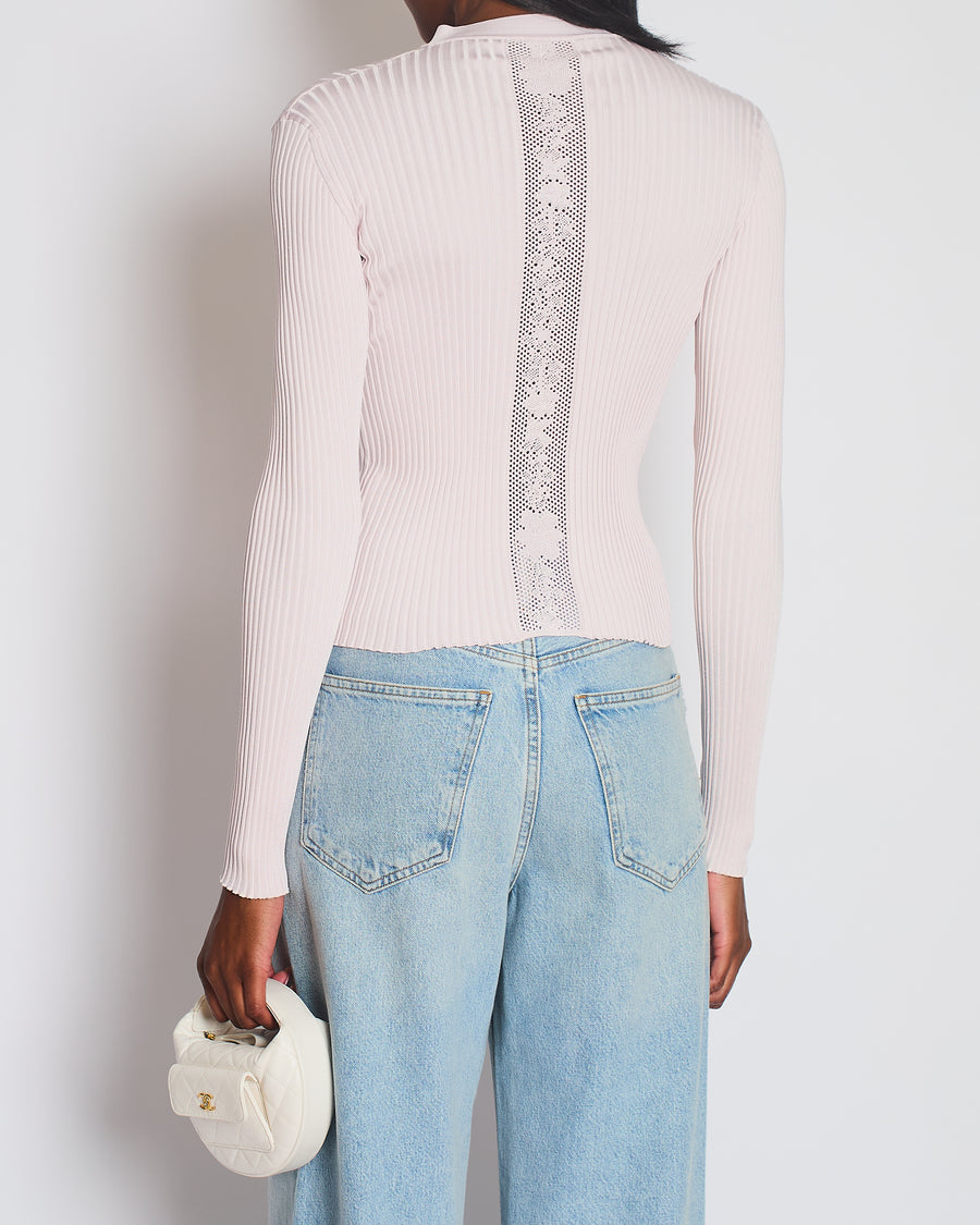 Hermès Light Pink Rib Knit Long Sleeve Crewneck Cardigan with Silver Buttons & Crotchet Back Detail Size FR 36 (UK 8)