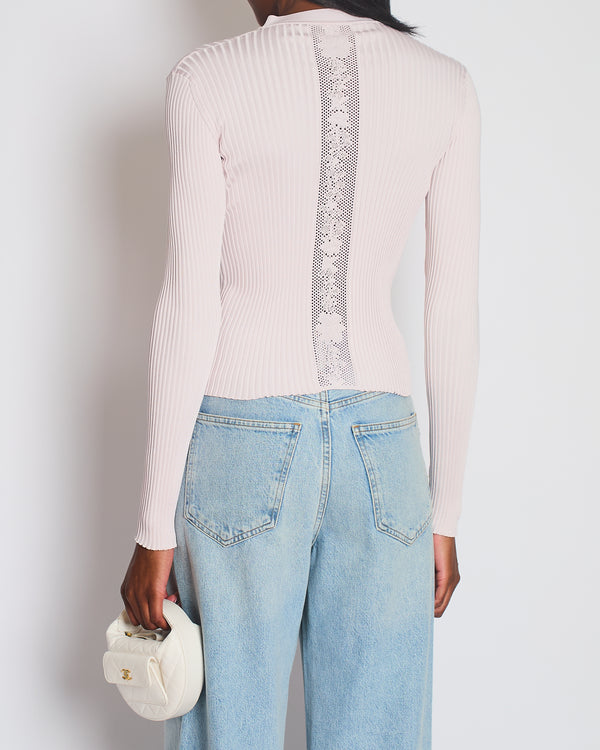Hermès Light Pink Rib Knit Long Sleeve Crewneck Cardigan with Silver Buttons & Crotchet Back Detail Size FR 36 (UK 8)