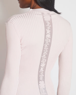 Hermès Light Pink Rib Knit Long Sleeve Crewneck Cardigan with Silver Buttons & Crotchet Back Detail Size FR 36 (UK 8)