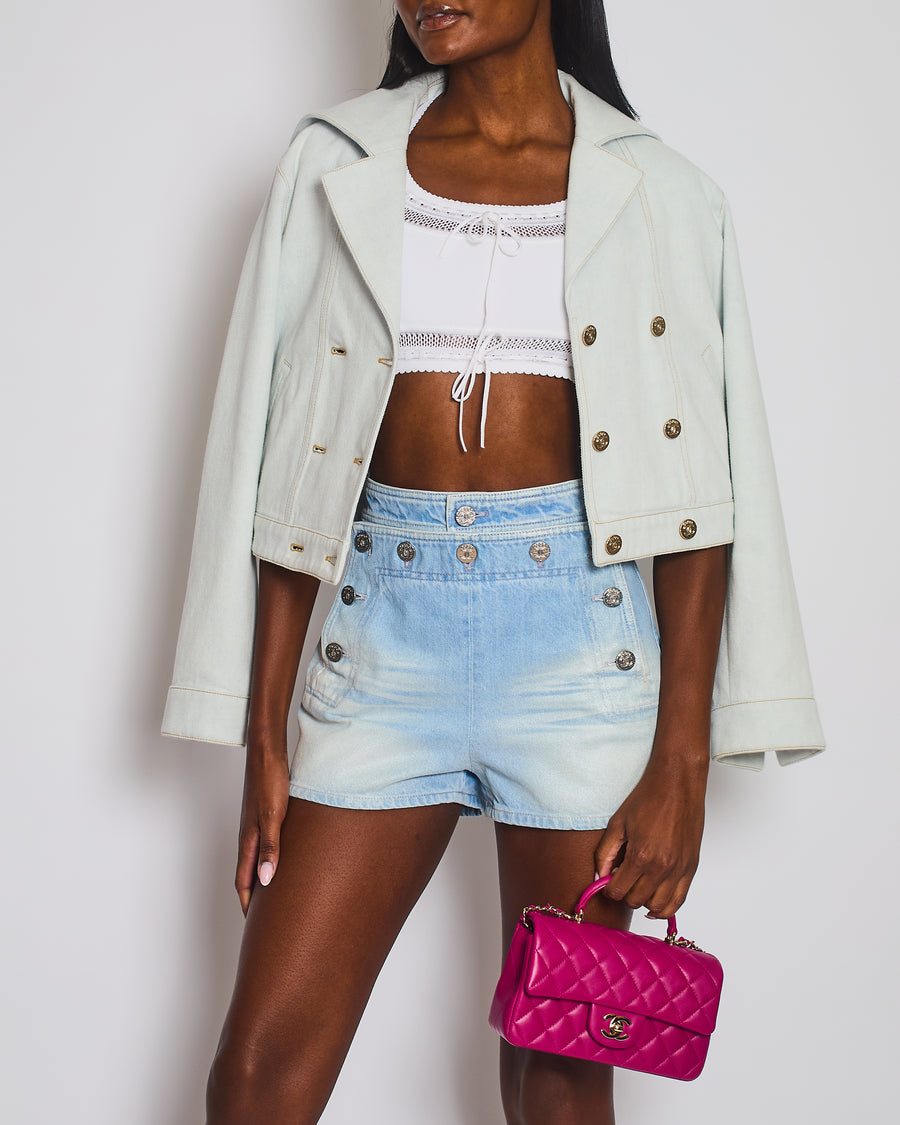 Chanel 24M Light Blue Denim High-Waisted Glittery Shorts with CC Logo Buttons Detail Size FR 36 (UK 8) RRP £2000