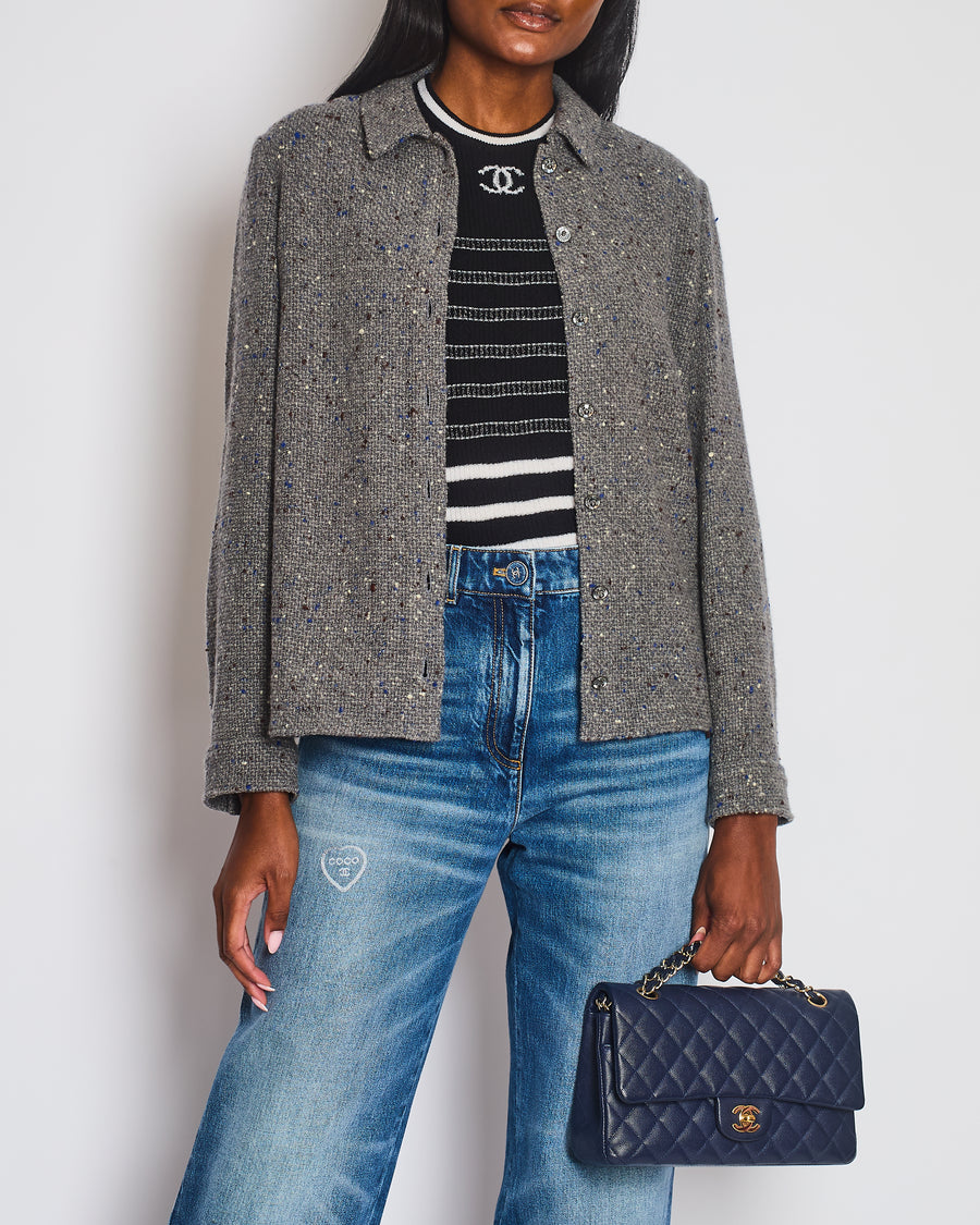 Chanel 24A Grey Tweed Shacket with Blue, White & Brown Thread Details & Silver Buttons Size FR 36 (UK 8) RRP £4250