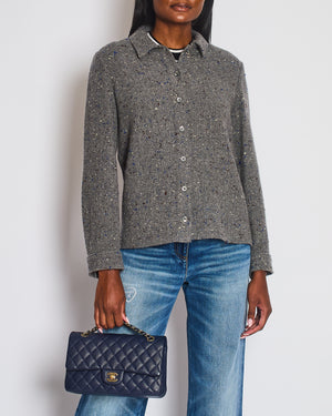 Chanel 24A Grey Tweed Shacket with Blue, White & Brown Thread Details & Silver Buttons Size FR 36 (UK 8) RRP £4250