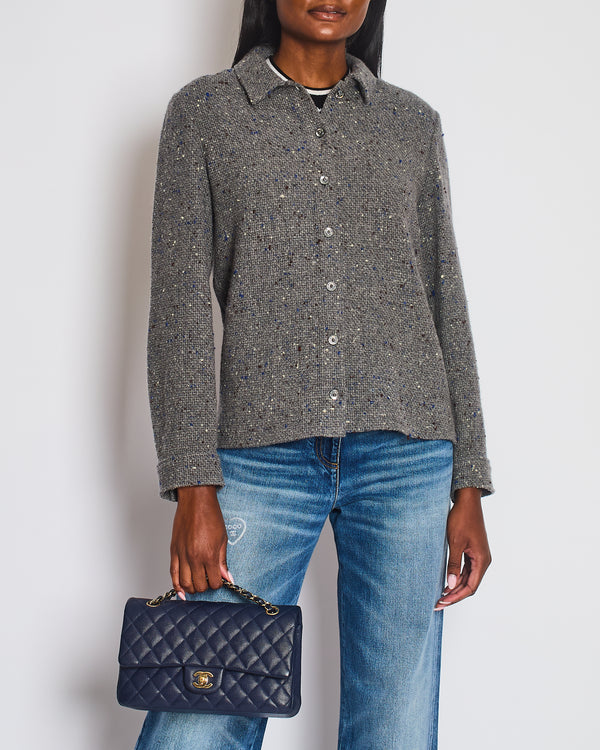 Chanel 24A Grey Tweed Shacket with Blue, White & Brown Thread Details & Silver Buttons Size FR 36 (UK 8) RRP £4250