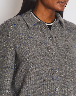Chanel 24A Grey Tweed Shacket with Blue, White & Brown Thread Details & Silver Buttons Size FR 36 (UK 8) RRP £4250