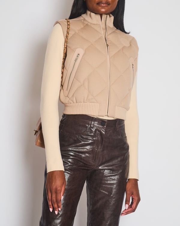 Hermès Beige Short Sleeveless Puffer Vest in Waterproof Cashmere with Clour De Selle Embossed Lambskin Logo Detail Size FR 34 (UK 6) RRP £3,230