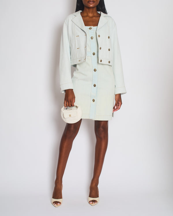 Chanel 24M Light Blue Denim Double Breasted Jacket with Champagne Gold CC Coco Buttons Size FR 36 (UK 8) RRP £3150