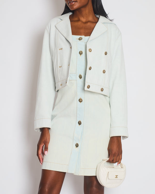 Chanel 24M Light Blue Denim Double Breasted Jacket with Champagne Gold CC Coco Buttons Size FR 36 (UK 8) RRP £3150