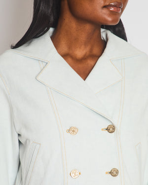 Chanel 24M Light Blue Denim Double Breasted Jacket with Champagne Gold CC Coco Buttons Size FR 36 (UK 8) RRP £3150