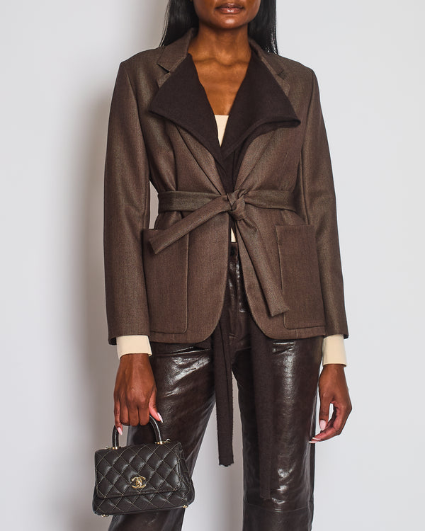 *HOT* Hermès Chocolate Brown Wool Blazer with Cashmere Insert Scarf & Belt Detail Size FR 36 (UK 8) RRP £4,900
