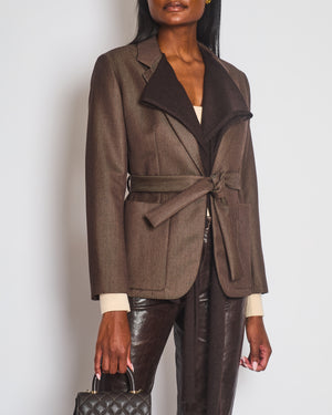 *HOT* Hermès Chocolate Brown Wool Blazer with Cashmere Insert Scarf & Belt Detail Size FR 36 (UK 8) RRP £4,900