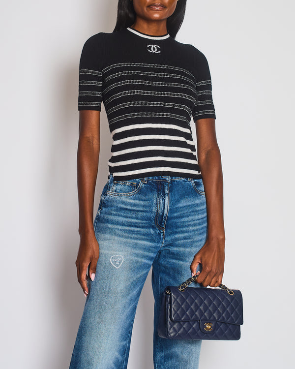 Chanel Black, White and Silver Stripe Knitted Short Sleeve Top with Logo Detail Size FR 36 (UK 8)