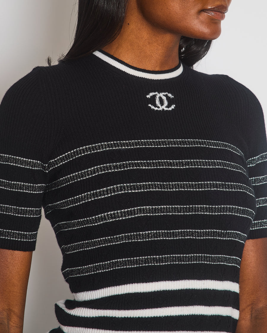 Chanel Black, White and Silver Stripe Knitted Short Sleeve Top with Logo Detail Size FR 36 (UK 8)