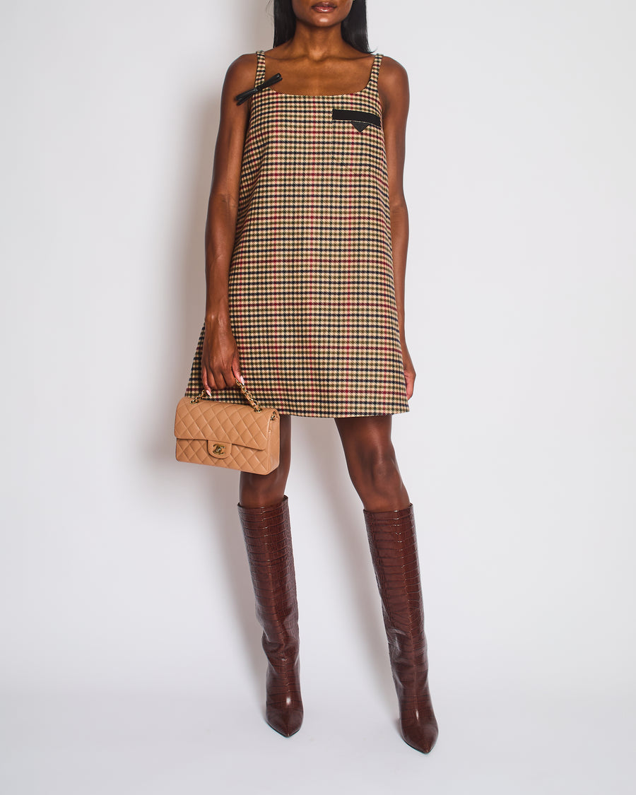 Prada Brown, Green and Red Houndstooth Check Sleeveless Mini Shift Dress Size IT 38 (UK 6)