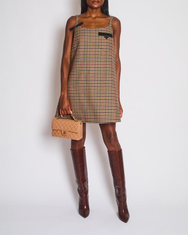Prada Brown, Green and Red Houndstooth Check Sleeveless Mini Shift Dress Size IT 38 (UK 6)