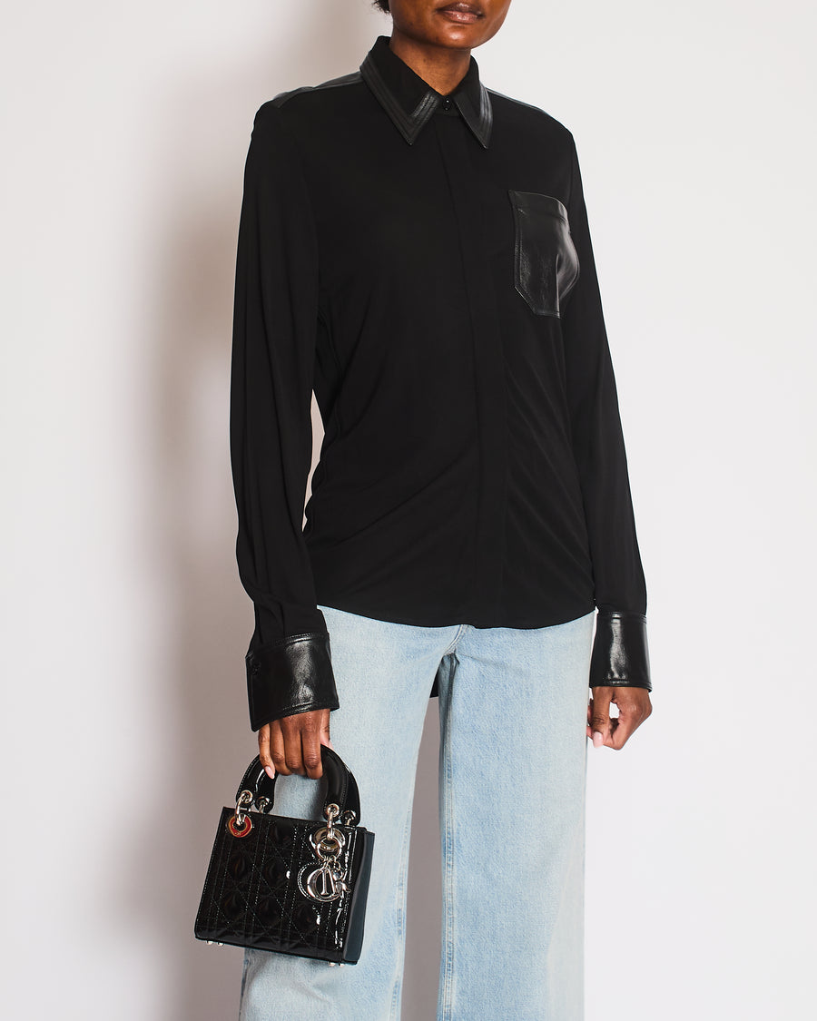 Victoria Beckham Black Long Sleeve Button Down Shirt with Leather Collar and Pocket Details Size UK 8
