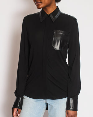 Victoria Beckham Black Long Sleeve Button Down Shirt with Leather Collar and Pocket Details Size UK 8