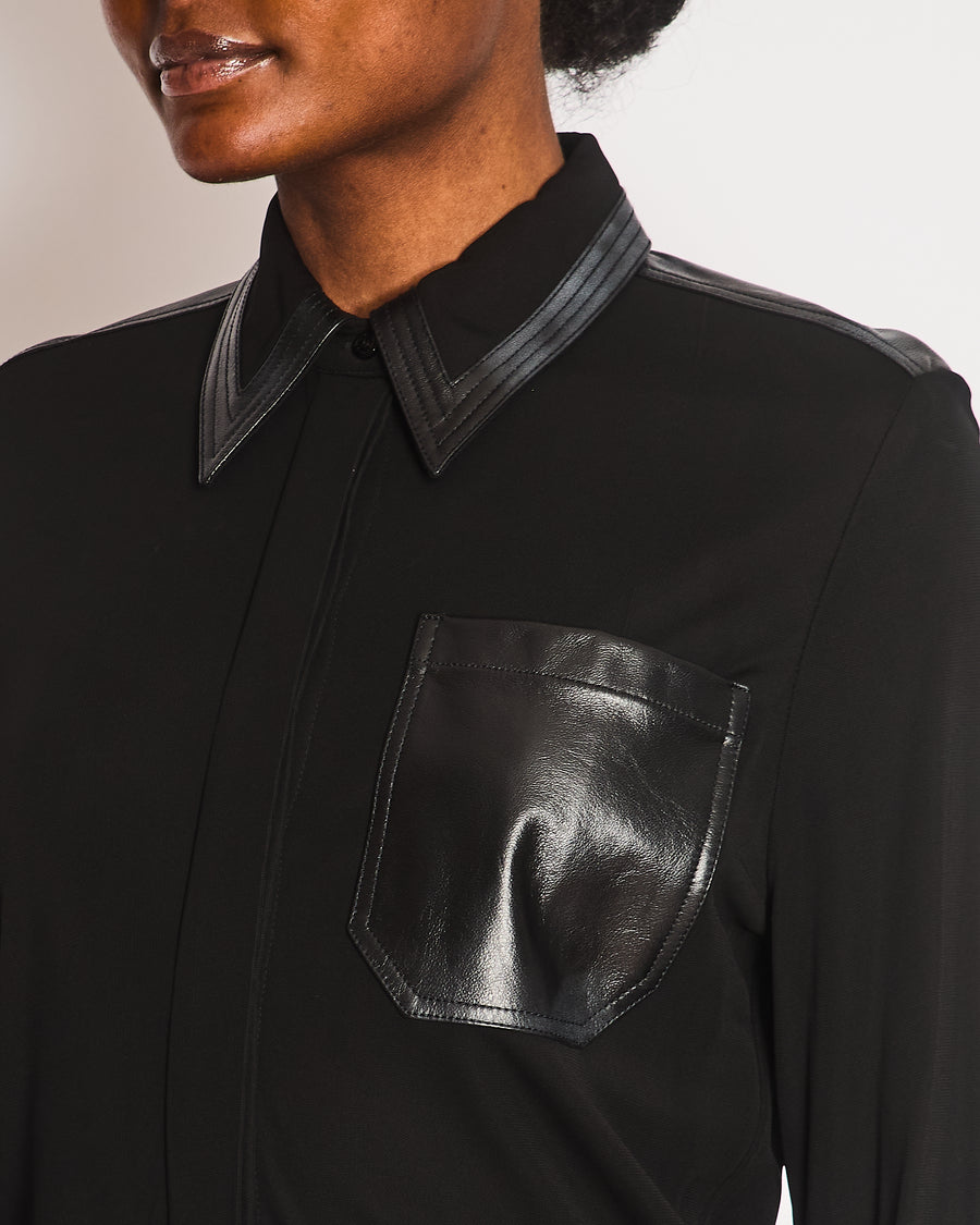 Victoria Beckham Black Long Sleeve Button Down Shirt with Leather Collar and Pocket Details Size UK 8