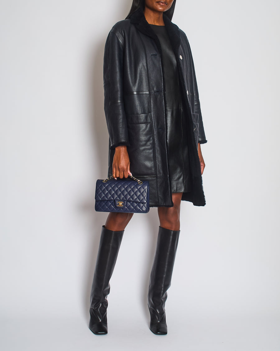 Hermés Navy Reversible Shearling Jacked with Silver Button Detail Size FR 36 (UK 8)